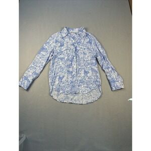 ZARA Blue White Cotton Print Classic Button Up Shirt Top Women's Size Small